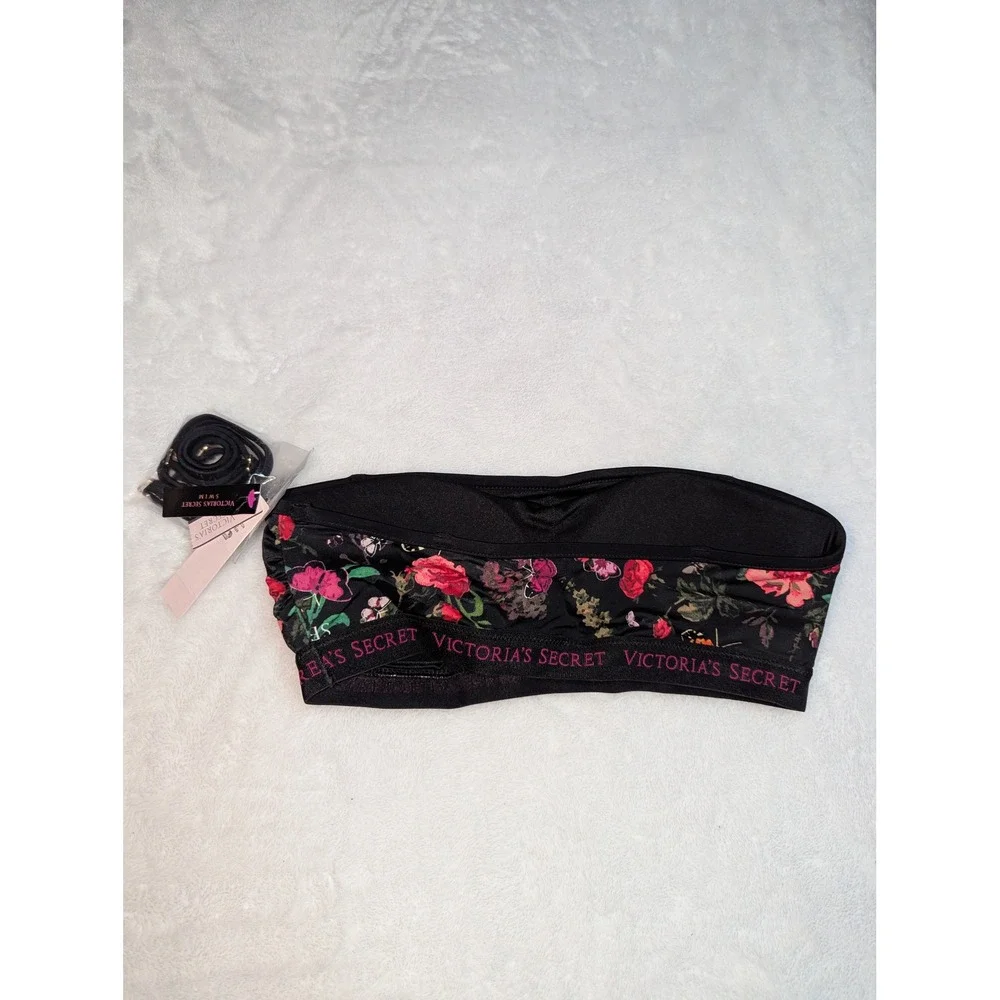 Victoria's Secret Swim Floral Bandeau Bikini Top Logo Band Black Multi M NWT‎